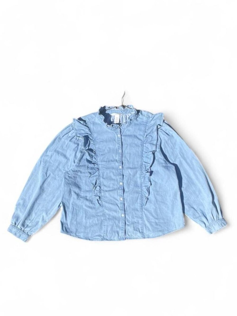 H&M Light Wash Ruffle Denim Blouse Cottagecore Prairie Cotton NWT XL